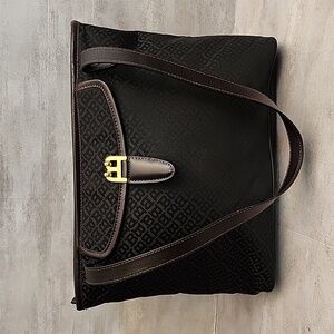 Bally Black Brown Logo Tote with Gold Hardware